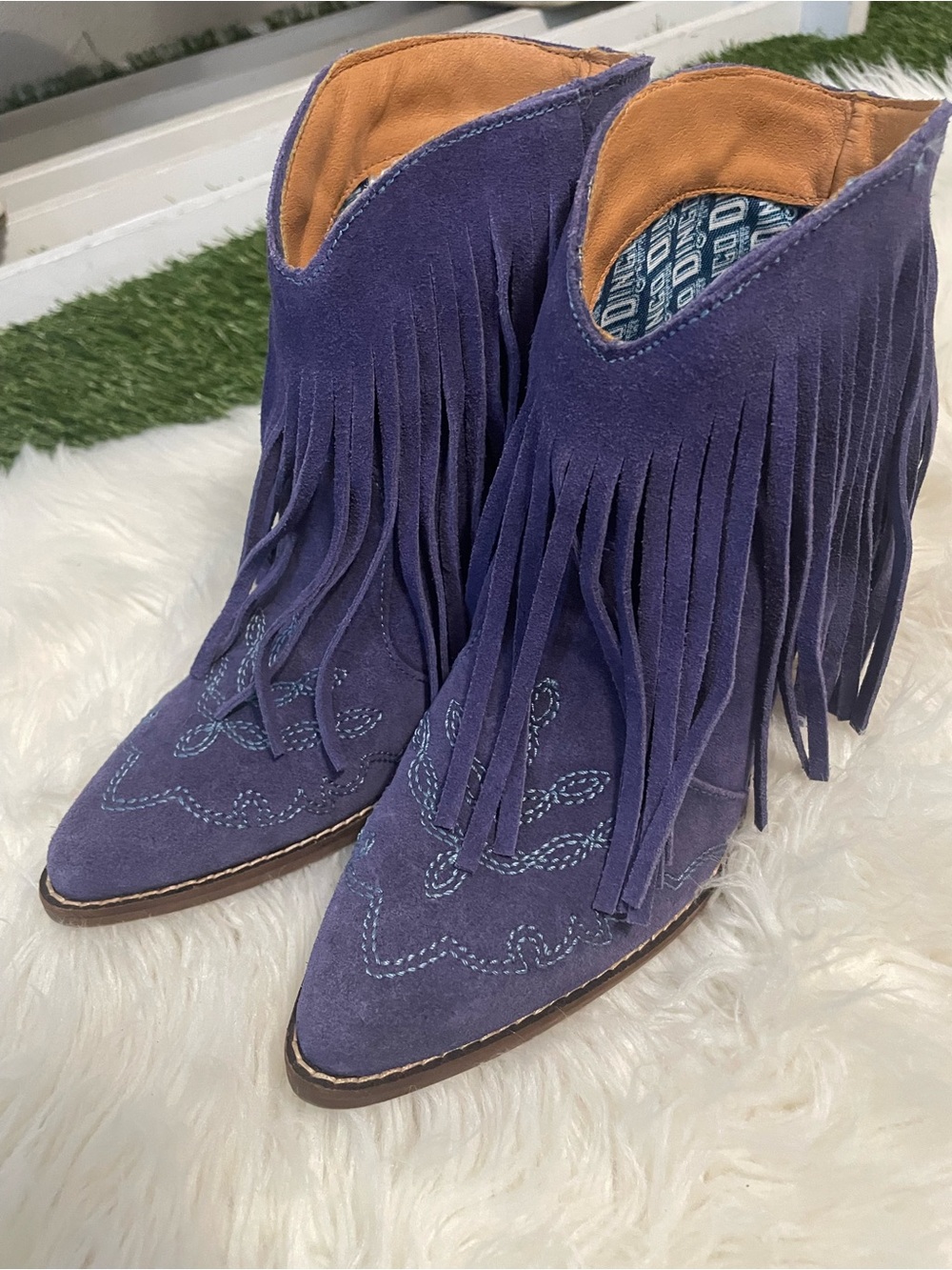 Blue Suede Fringe Boots- Western Ankle Style Booties